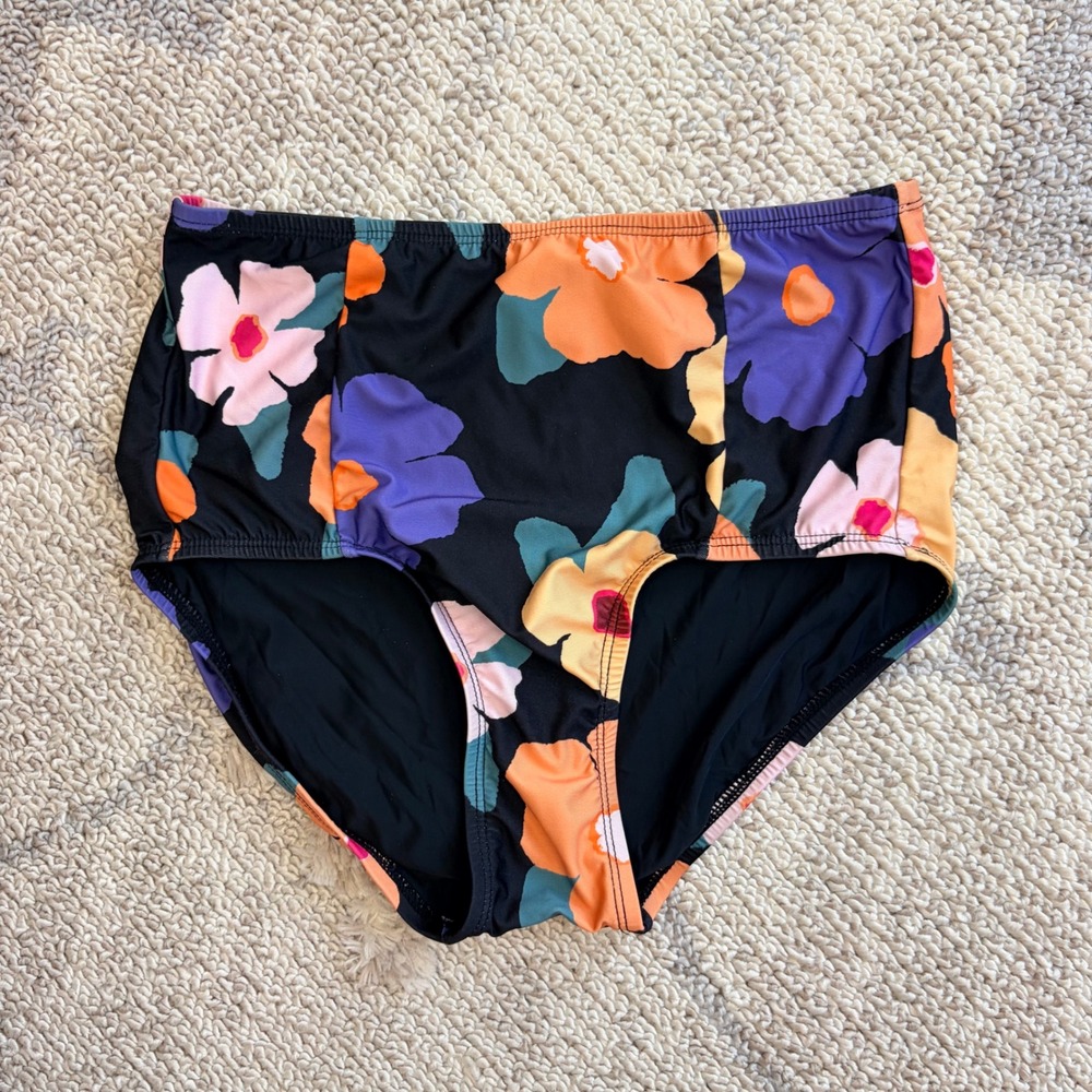 ModCloth Womens High Waisted Floral Bikini Bottoms Vintage Style Black Small